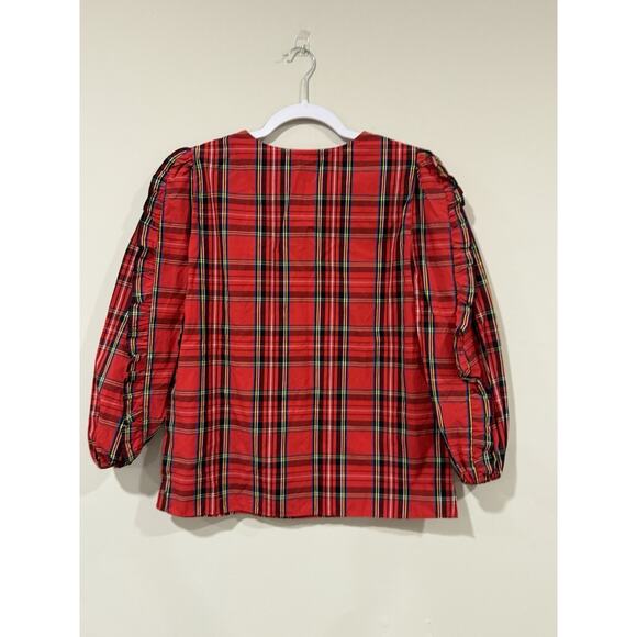 J. CREW Women Red Tartan Plaid Ruffled Puff Sleeves Steward Blouse XXS 2394 - Picture 6 of 9